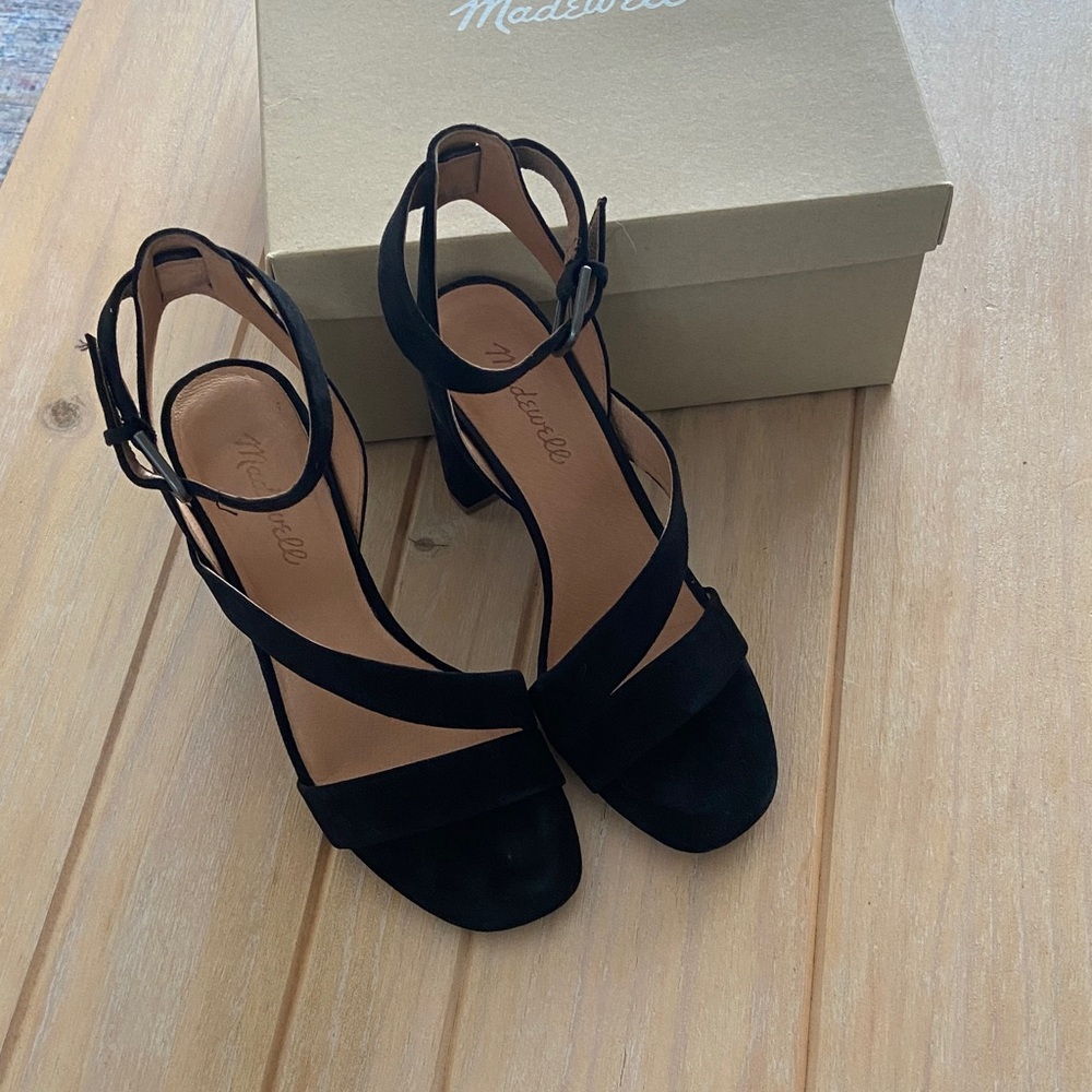 Madewell Black Strappy Heeled Occasion Sandals in Suede